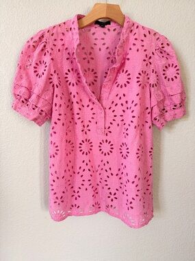 J. Crew Bright Pink Eyelet Puff Sleeve Blouse